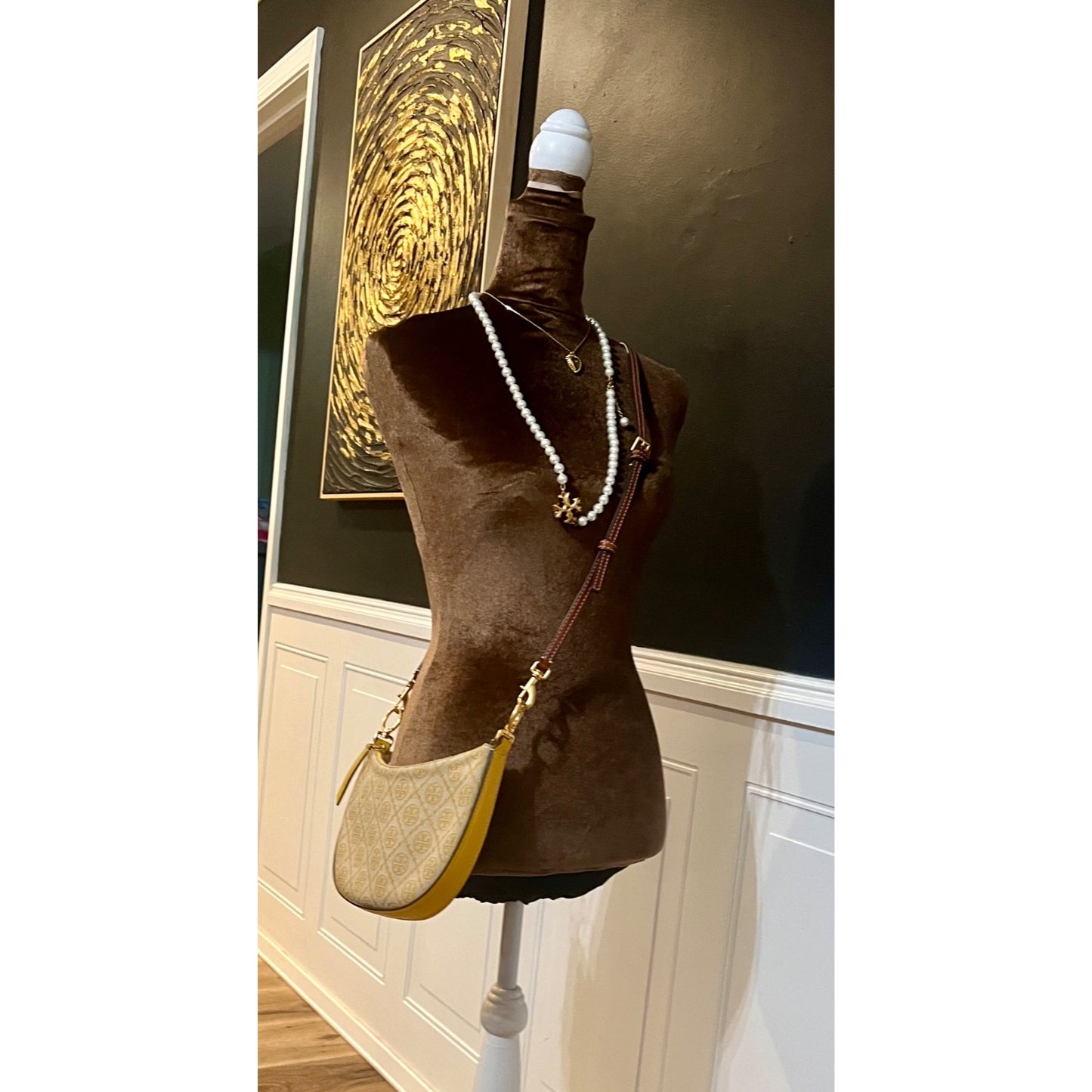 Tory Burch Monogram Half-Moon Crossbody Bag With Adjustable Strap In Yellow & Brown