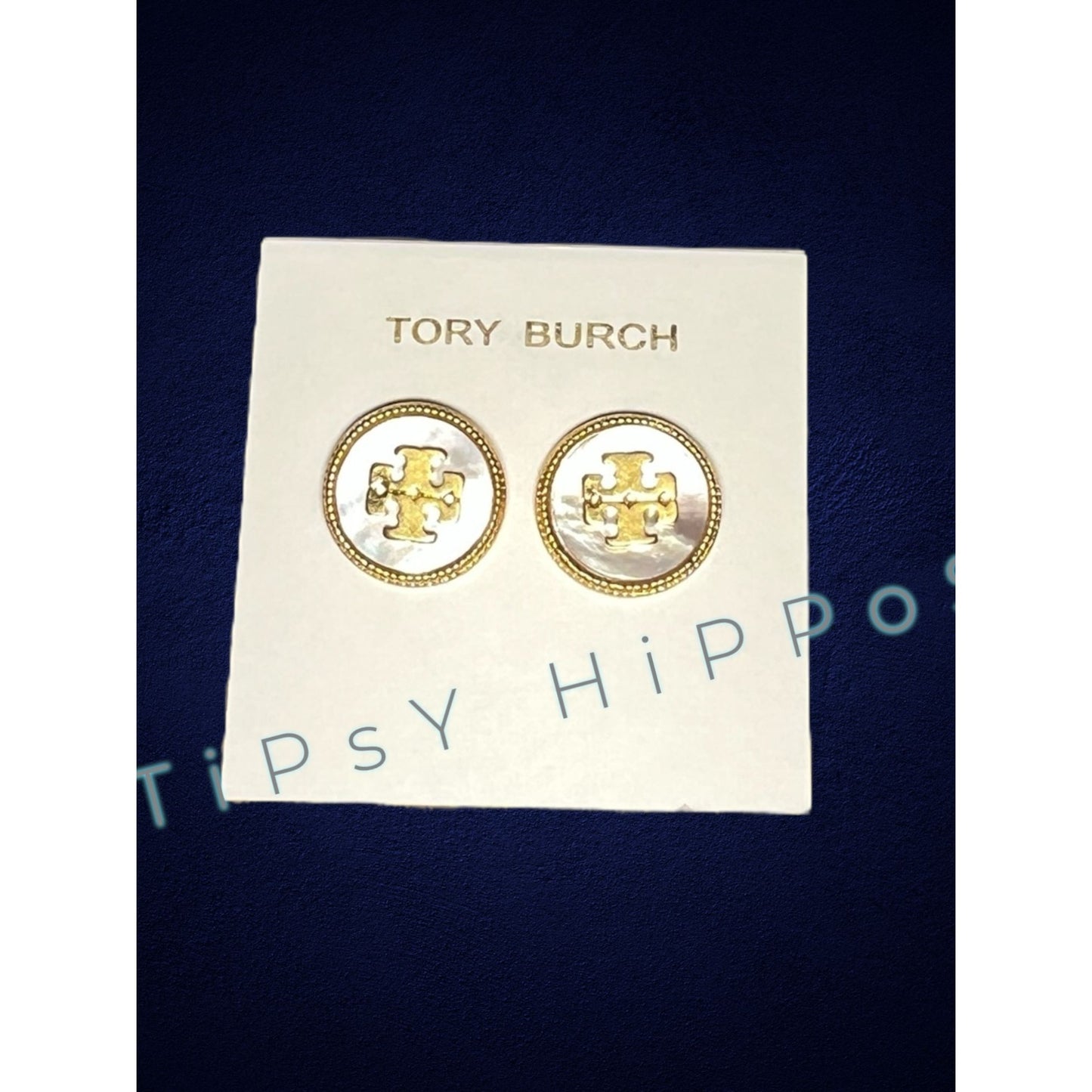 Tory Burch Mother of Pearl & Gold Stud Logo Earrings
