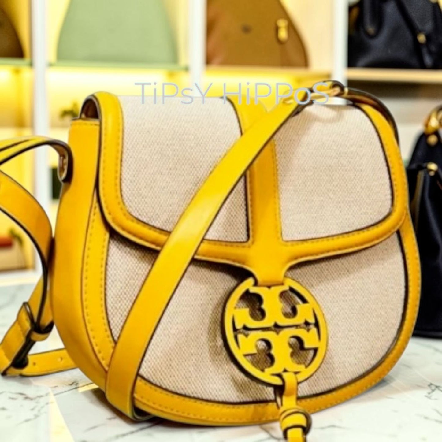 Tory Burch Miller Canvas & Leather Saddle Bag Yellow/Natural Crossbody