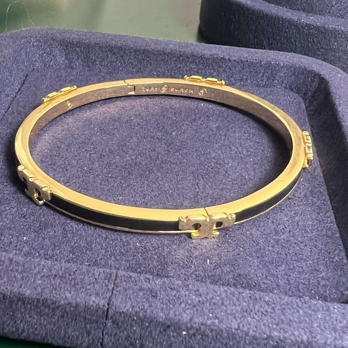 Tory Burch Black & Gold Enamel Serif Bangle Bracelet