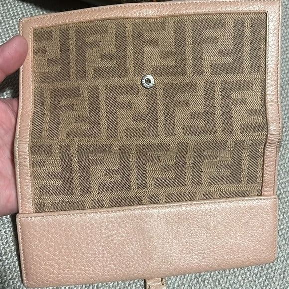 Fendi Zucca Canvas & Leather Bifold Wallet In PINK & Brown With Snap Closure & Interior Compartments