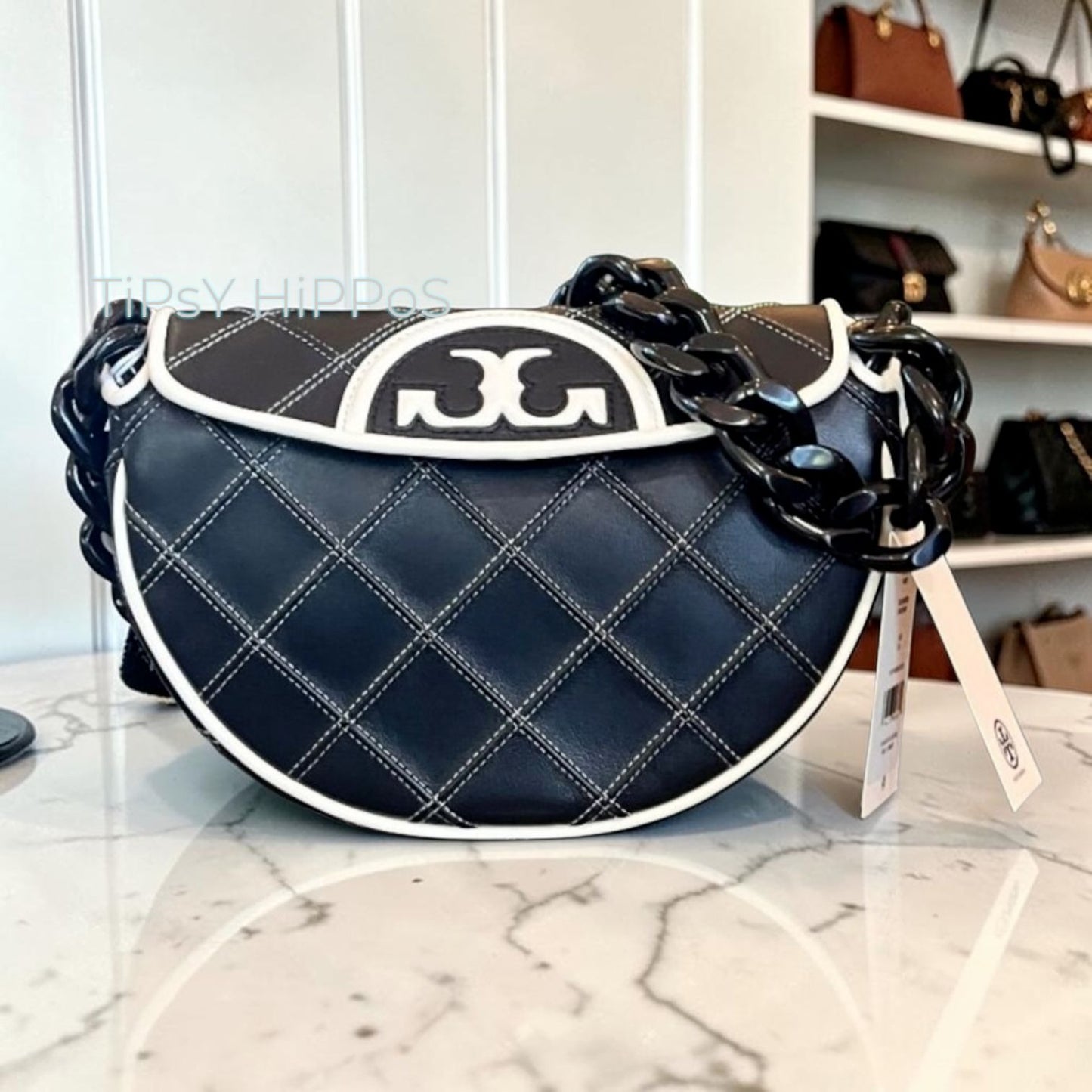 NEW! Authentic Tory Burch Black and White 1/2 Moon Fleming Handbag
