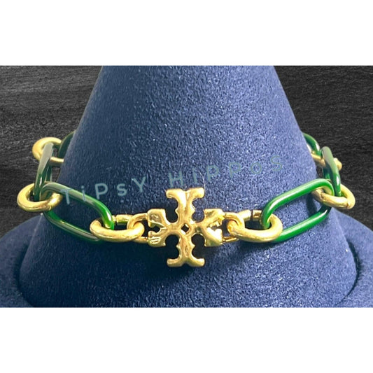 Tory Burch Women's Gold & Green Link Roxanne Bracelet With Logo