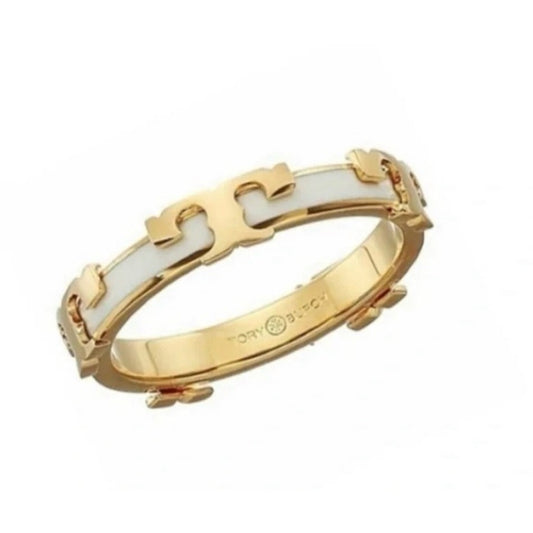 Tory Burch White and Gold Serif Stackable Ring = size 8