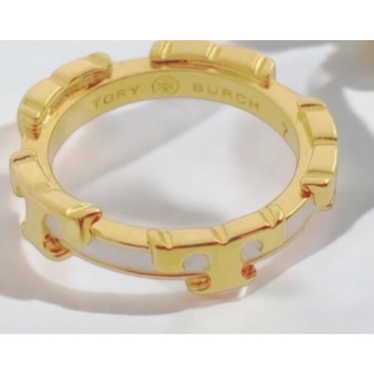 Tory Burch White and Gold Serif Stackable Ring = size 8
