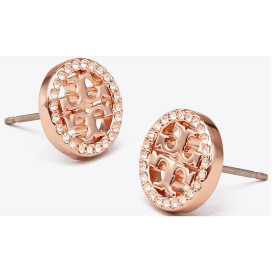 Tory Burch Rose Gold Miller Pave Logo Studs