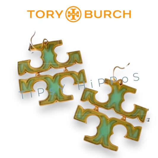 Tory Burch Miller Green and Gold Logo Earrings
