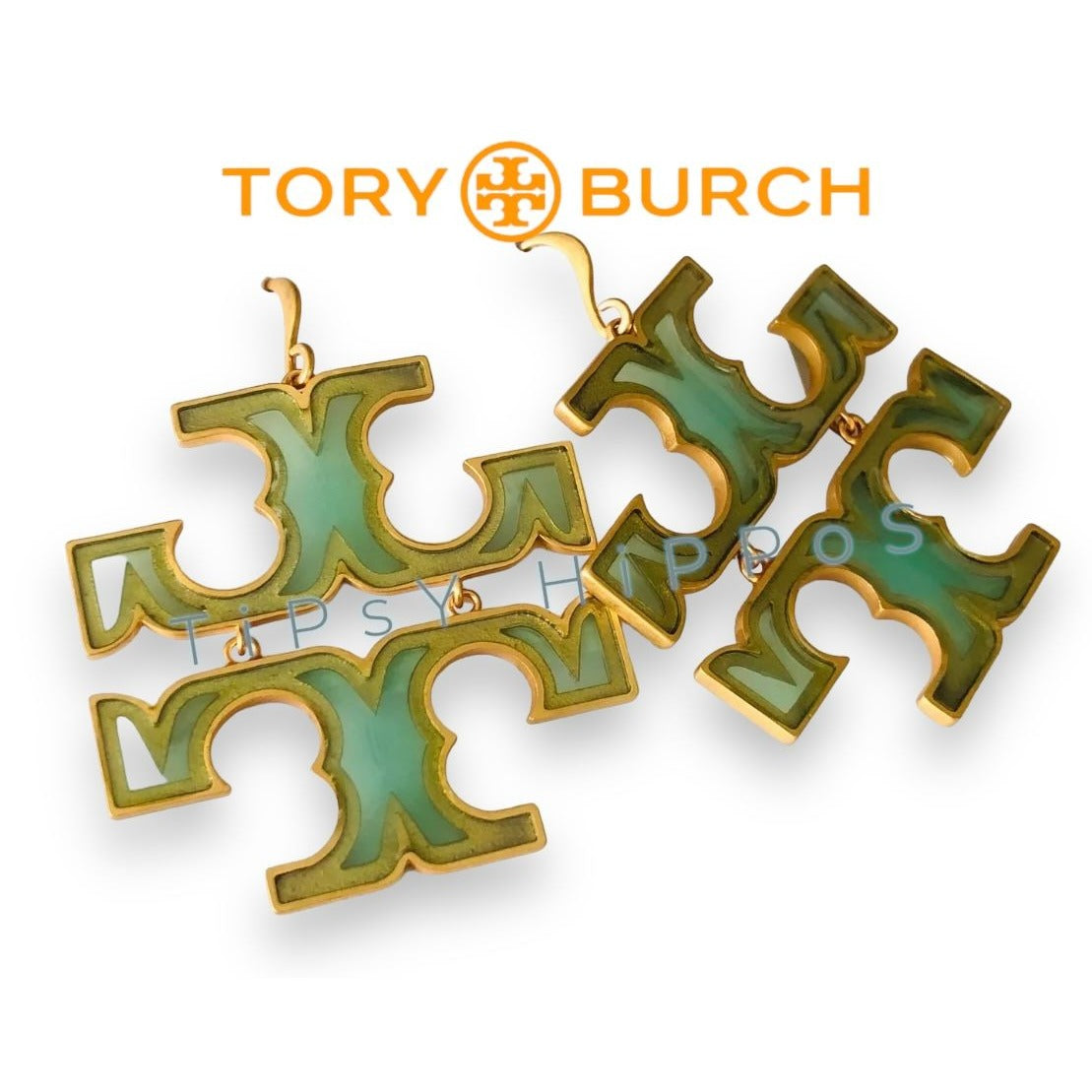 Tory Burch Miller Green and Gold Logo Earrings