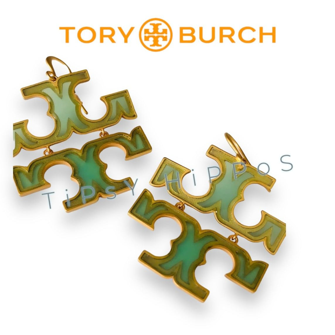 Tory Burch Miller Green and Gold Logo Earrings