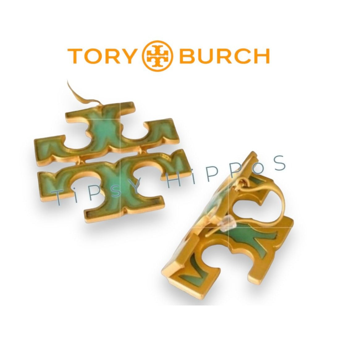 Tory Burch Miller Green and Gold Logo Earrings