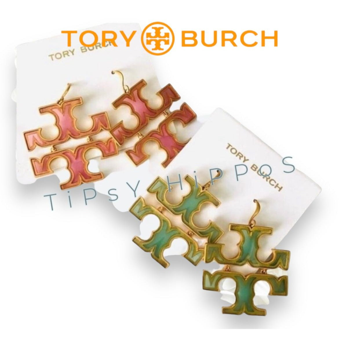 Tory Burch Miller Green and Gold Logo Earrings