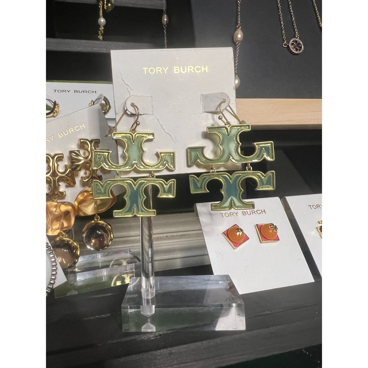 Tory Burch Miller Green and Gold Logo Earrings