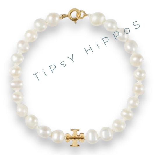 Tory Burch Pearl Bracelet With Gold Logo Charm & Clasp. 6282851