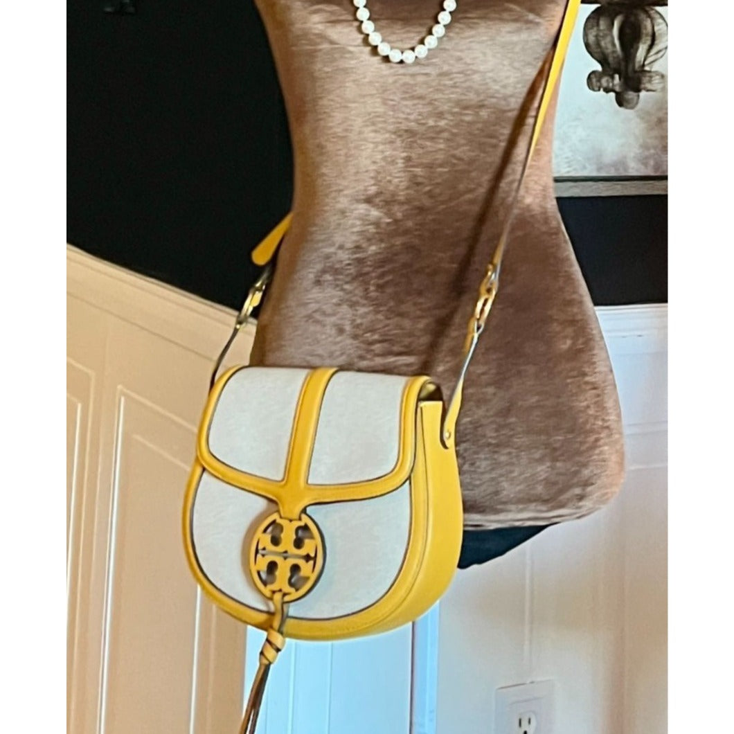 Tory Burch Miller Canvas & Leather Saddle Bag Yellow/Natural Crossbody