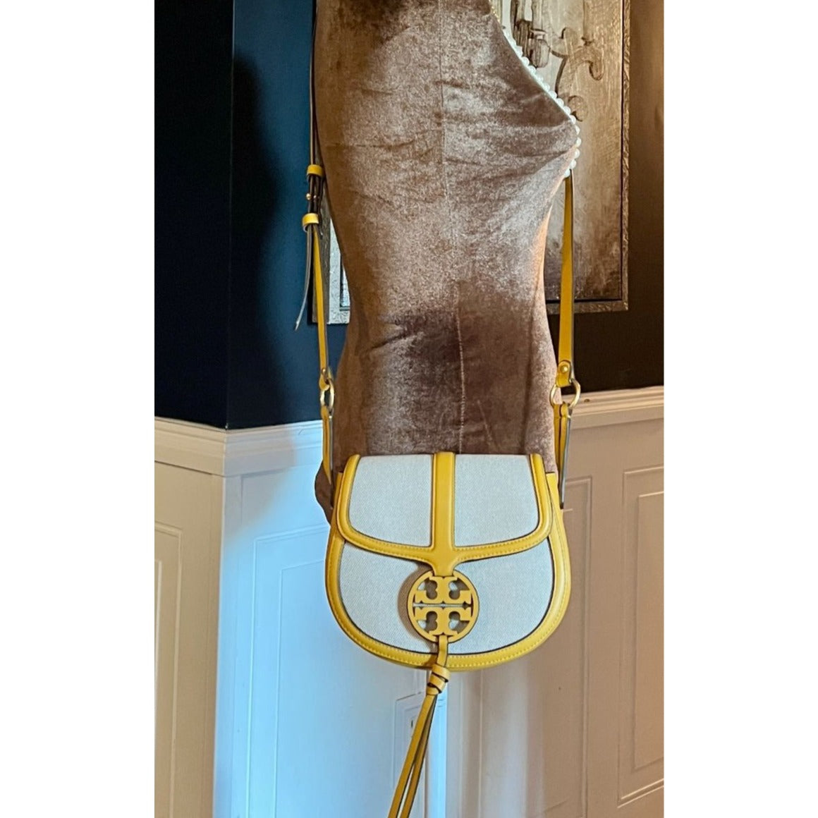 Tory Burch Miller Canvas & Leather Saddle Bag Yellow/Natural Crossbody