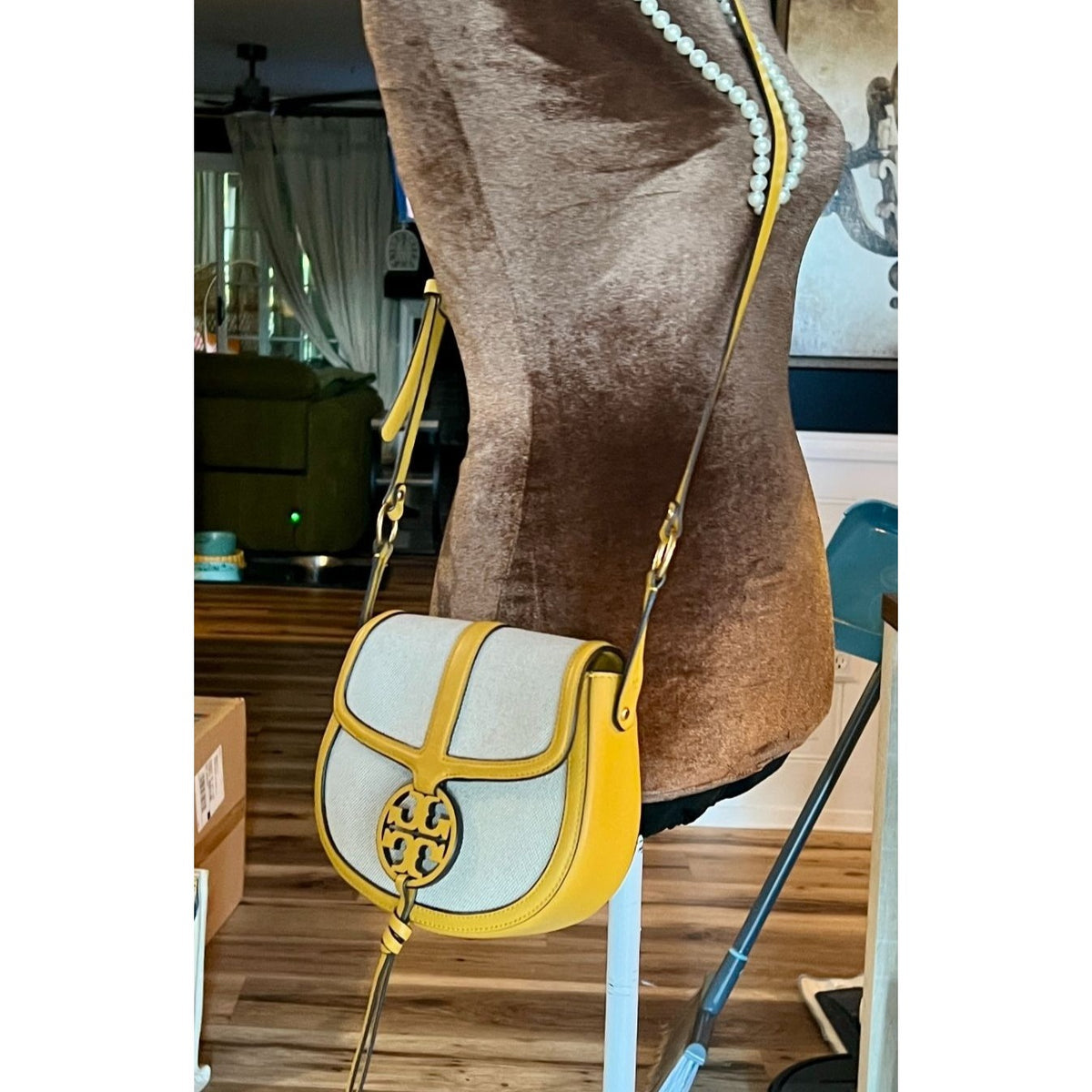 Tory Burch Miller Canvas & Leather Saddle Bag Yellow/Natural Crossbody