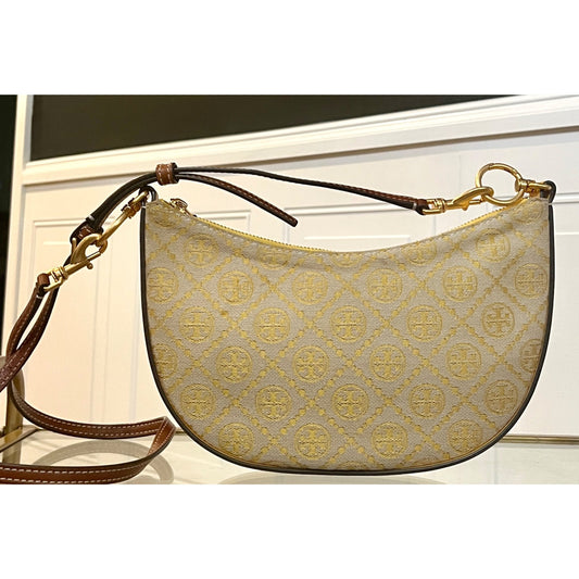 Tory Burch Monogram Half-Moon Crossbody Bag With Adjustable Strap In Yellow & Brown