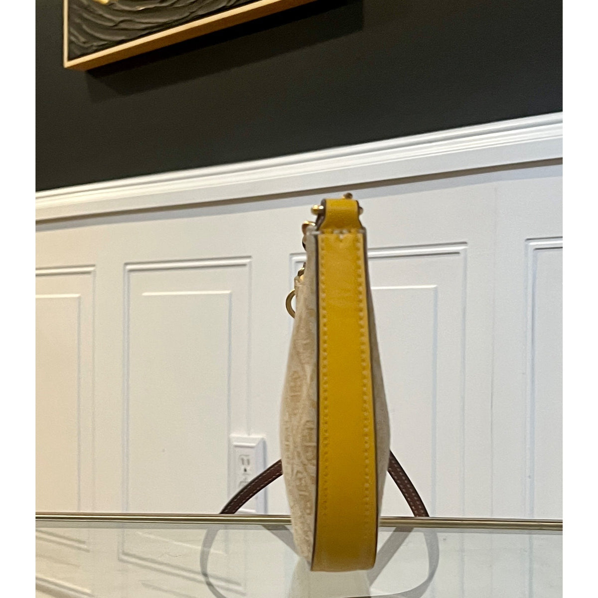 Tory Burch Monogram Half-Moon Crossbody Bag With Adjustable Strap In Yellow & Brown