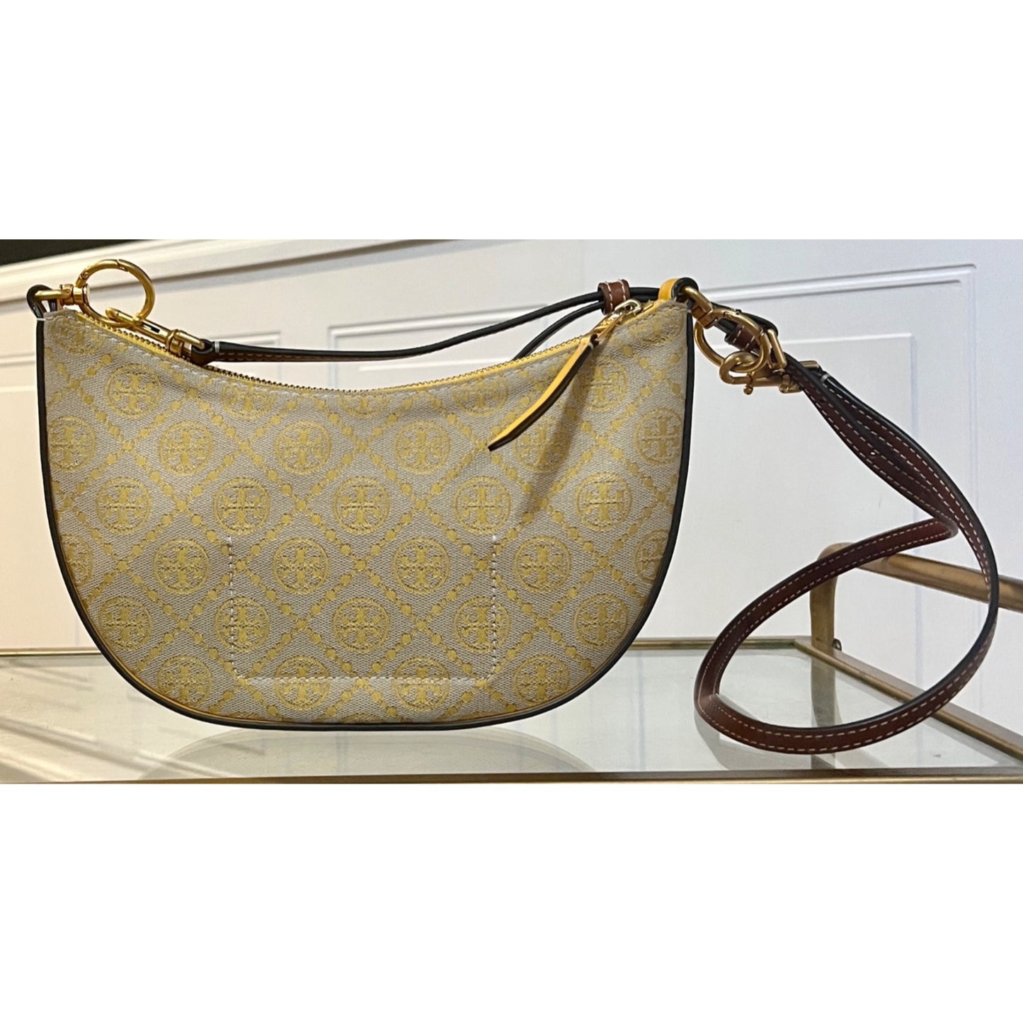 Tory Burch Monogram Half-Moon Crossbody Bag With Adjustable Strap In Yellow & Brown