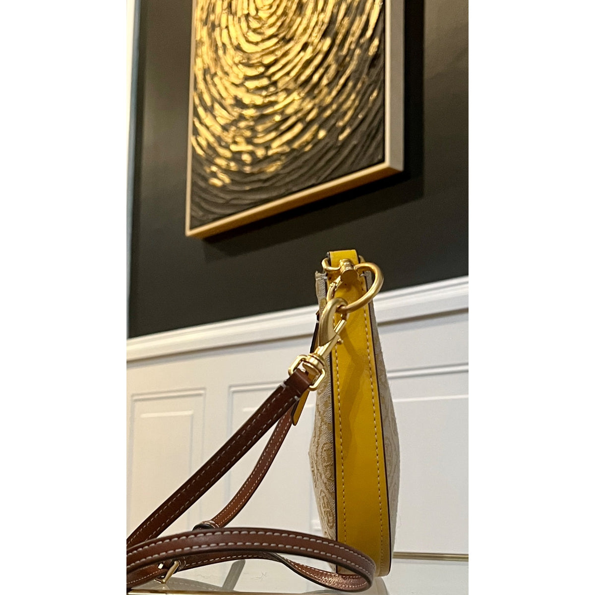 Tory Burch Monogram Half-Moon Crossbody Bag With Adjustable Strap In Yellow & Brown