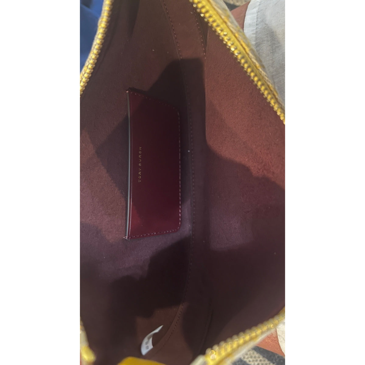 Tory Burch Monogram Half-Moon Crossbody Bag With Adjustable Strap In Yellow & Brown