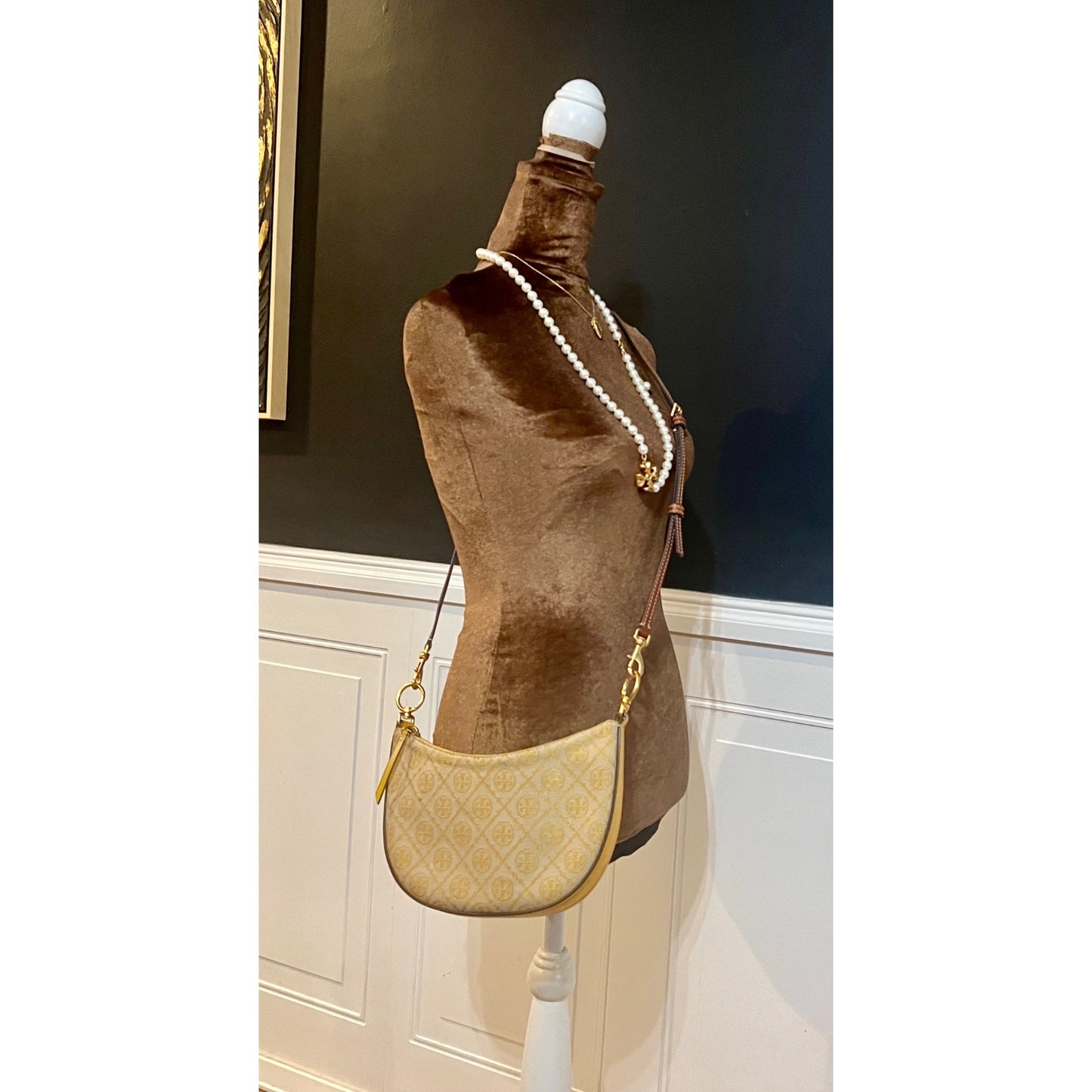 Tory Burch Monogram Half-Moon Crossbody Bag With Adjustable Strap In Yellow & Brown