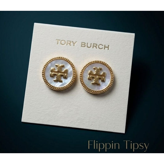 Tory Burch Mother of Pearl & Gold Stud Logo Earrings