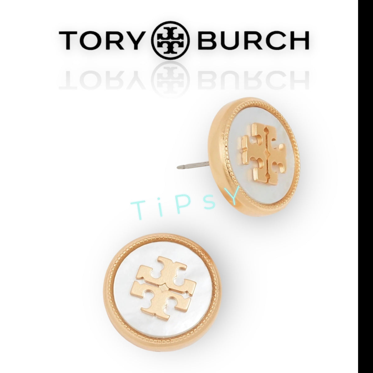 Tory Burch Mother of Pearl & Gold Stud Logo Earrings
