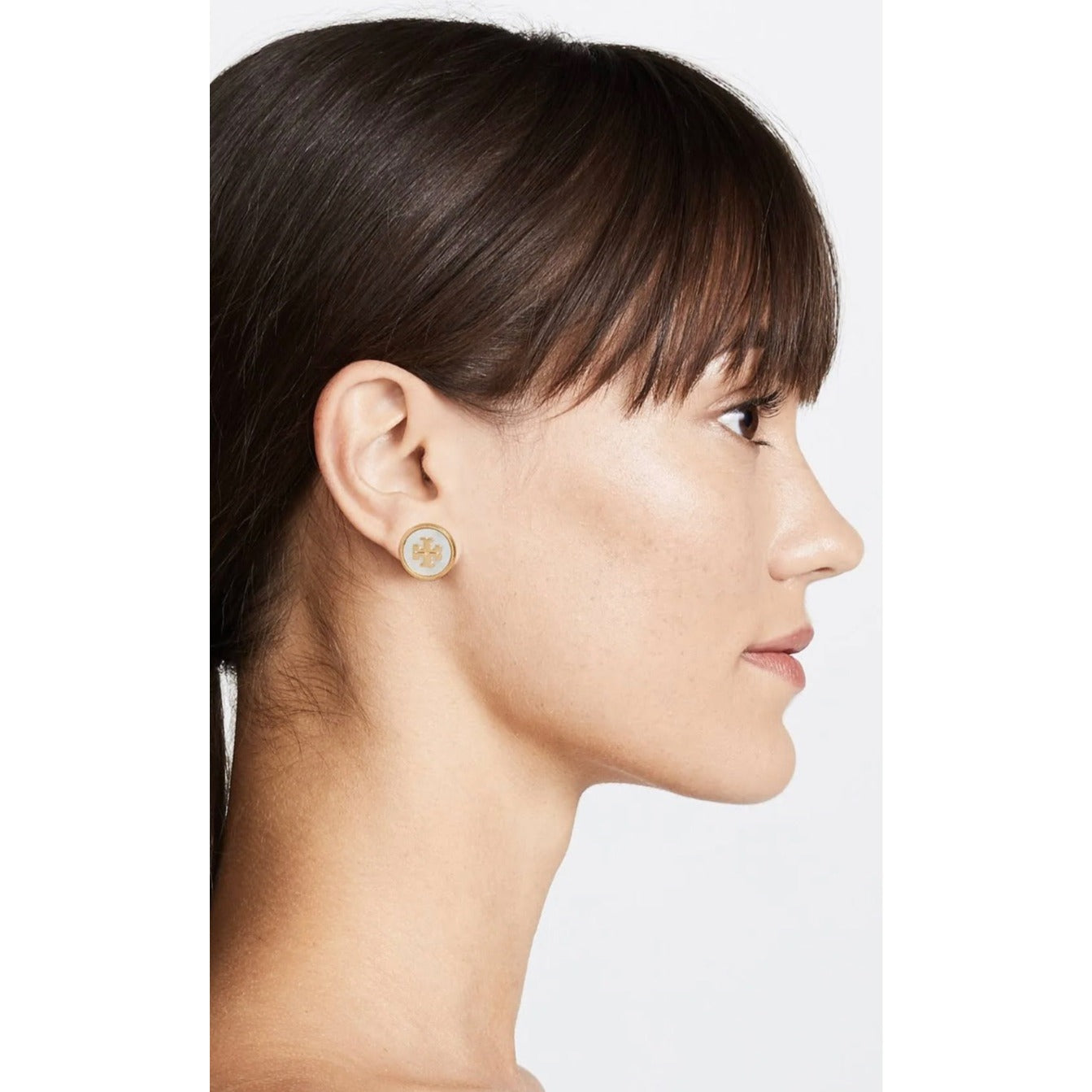 Tory Burch Mother of Pearl & Gold Stud Logo Earrings