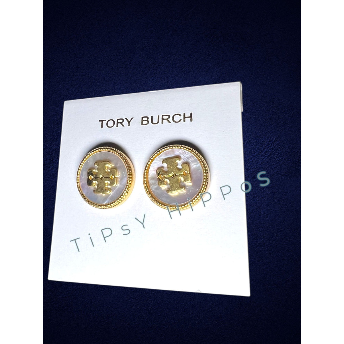 Tory Burch Mother of Pearl & Gold Stud Logo Earrings