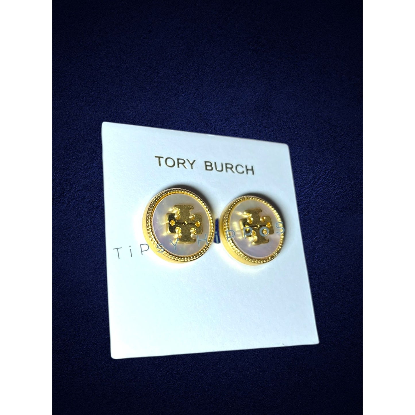 Tory Burch Mother of Pearl & Gold Stud Logo Earrings