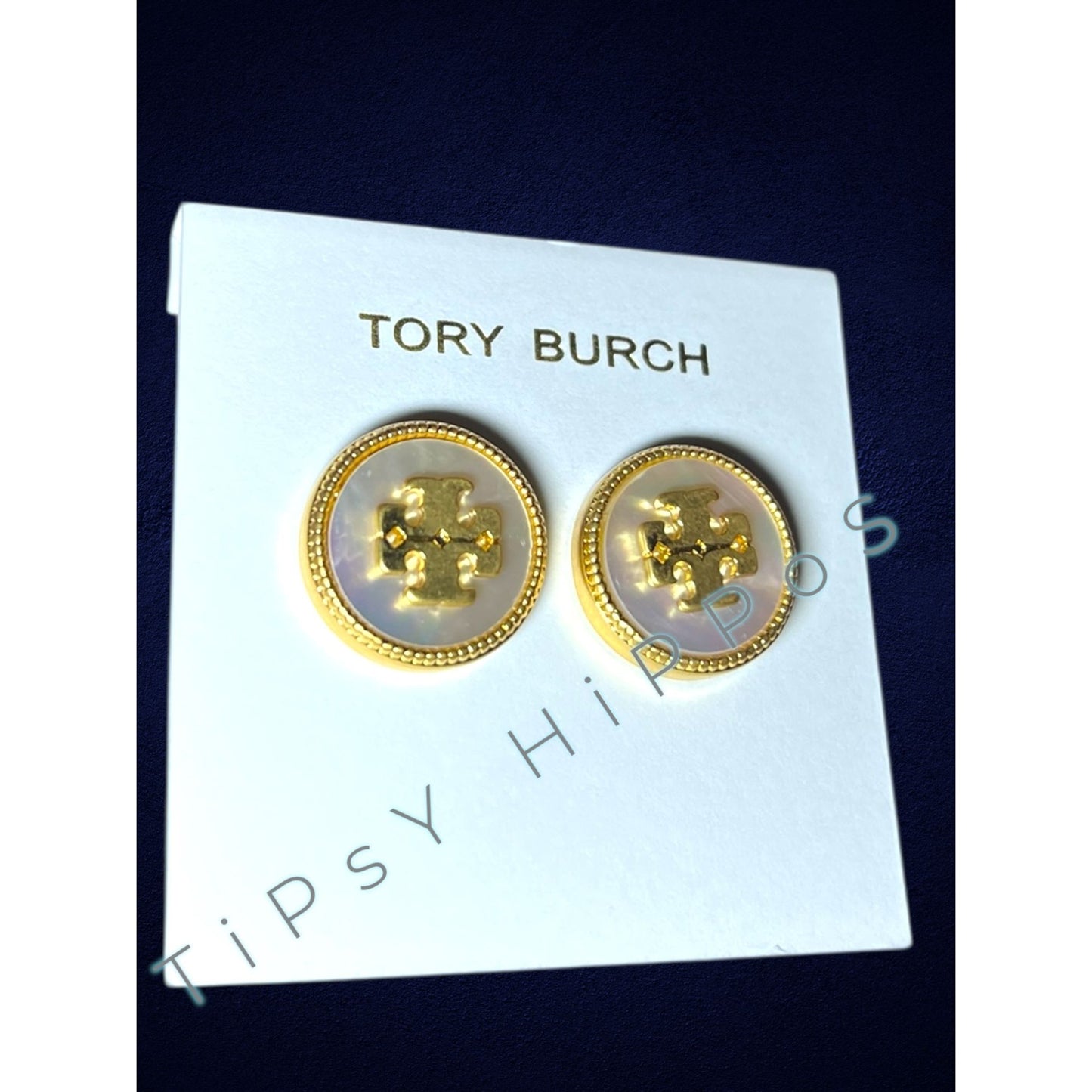 Tory Burch Mother of Pearl & Gold Stud Logo Earrings