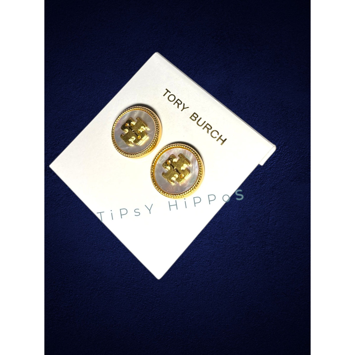 Tory Burch Mother of Pearl & Gold Stud Logo Earrings