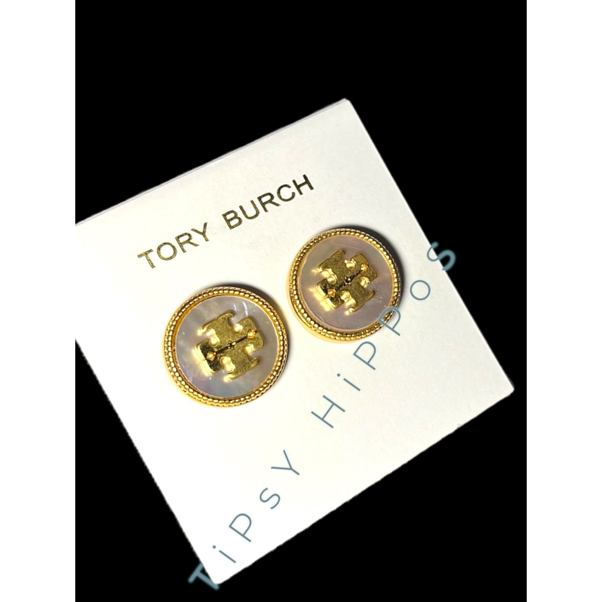 Tory Burch Mother of Pearl & Gold Stud Logo Earrings