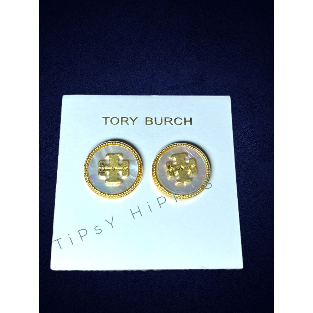 Tory Burch Mother of Pearl & Gold Stud Logo Earrings