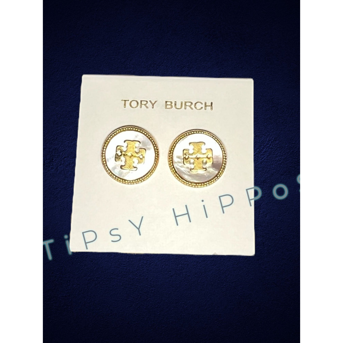 Tory Burch Mother of Pearl & Gold Stud Logo Earrings