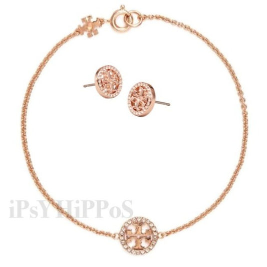 Tory Burch Rose Gold MILLER PAVÉ CHAIN BRACELET AND STUD EARRING SET.   727T40P