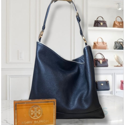 AUTHENTIC TORY BURCH Vintage Black Hobo with White Piping!  RARE!