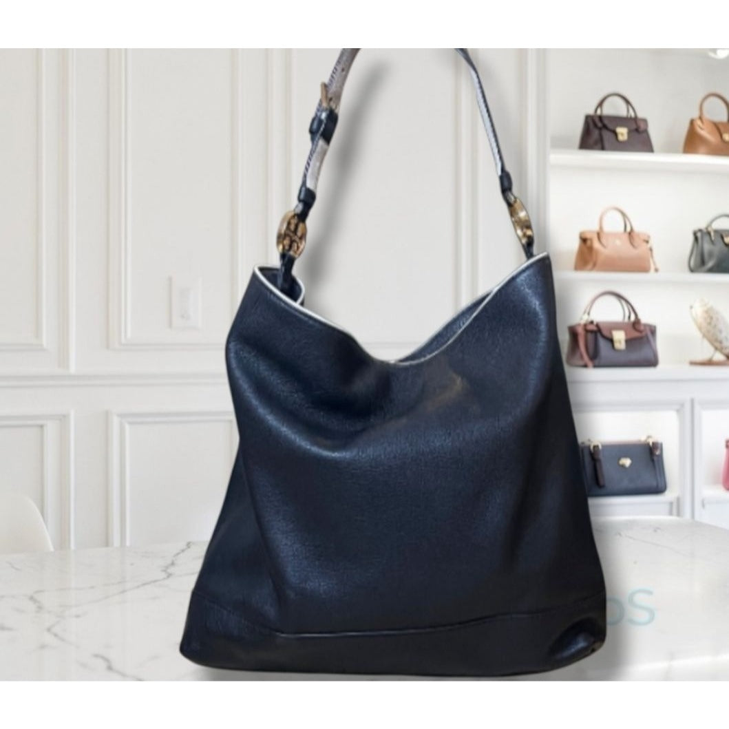 AUTHENTIC TORY BURCH Vintage Black Hobo with White Piping!  RARE!