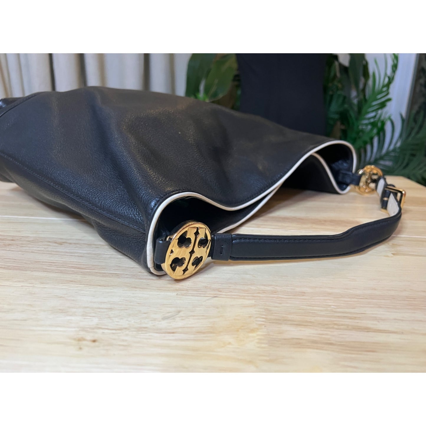 AUTHENTIC TORY BURCH Vintage Black Hobo with White Piping!  RARE!