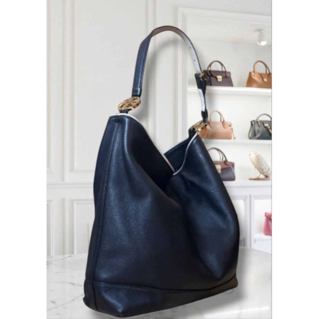 AUTHENTIC TORY BURCH Vintage Black Hobo with White Piping!  RARE!