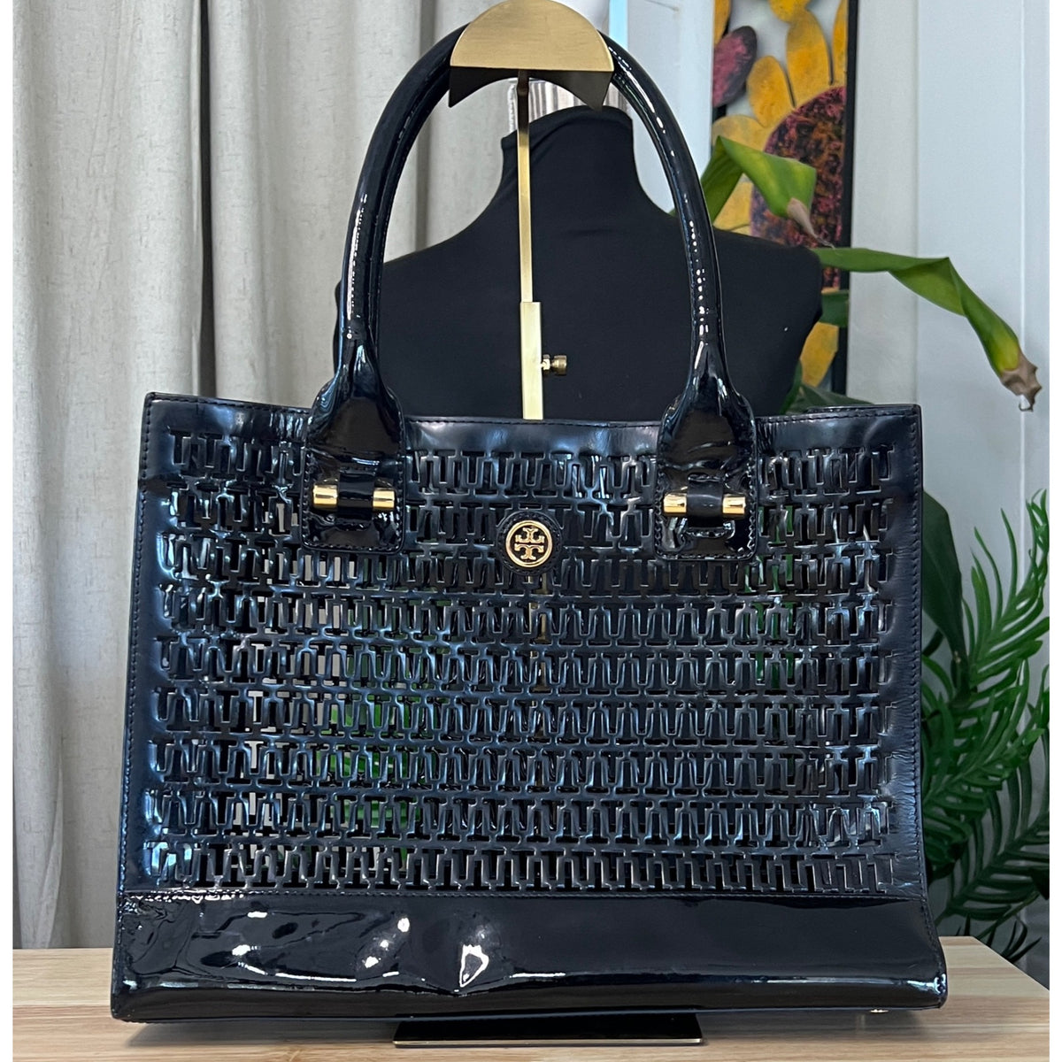 TORY BURCH Black Robinson Cut Out Tote