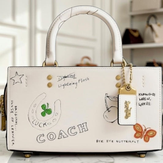 NEW!! Coach Rogue 25 Tote Bag With Dinosaur & Lucky Drawings In Chalk White Leather
