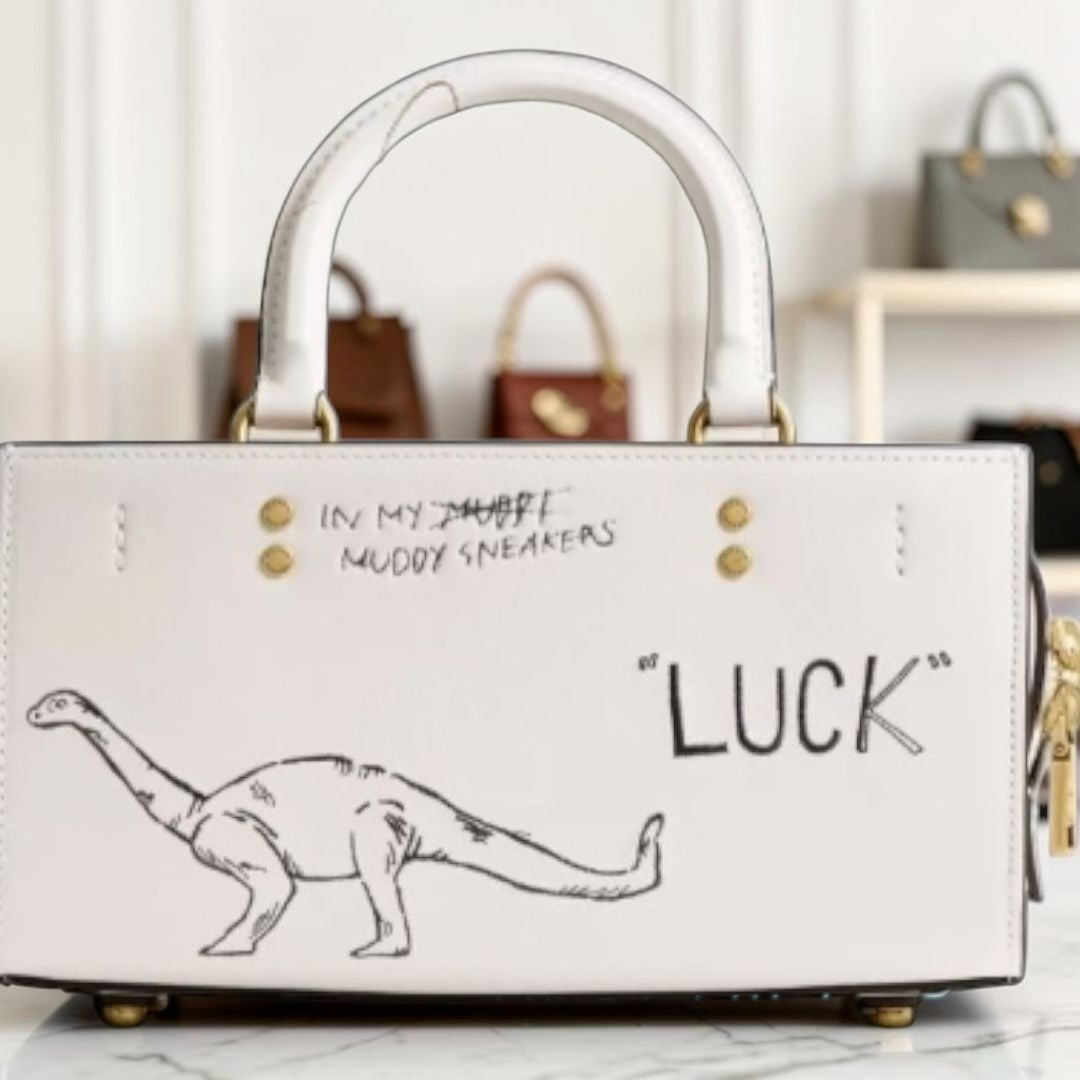 NEW!! Coach Rogue 25 Tote Bag With Dinosaur & Lucky Drawings In Chalk White Leather
