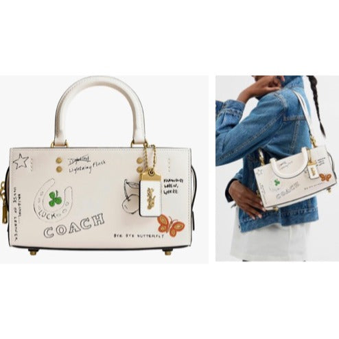NEW!! Coach Rogue 25 Tote Bag With Dinosaur & Lucky Drawings In Chalk White Leather