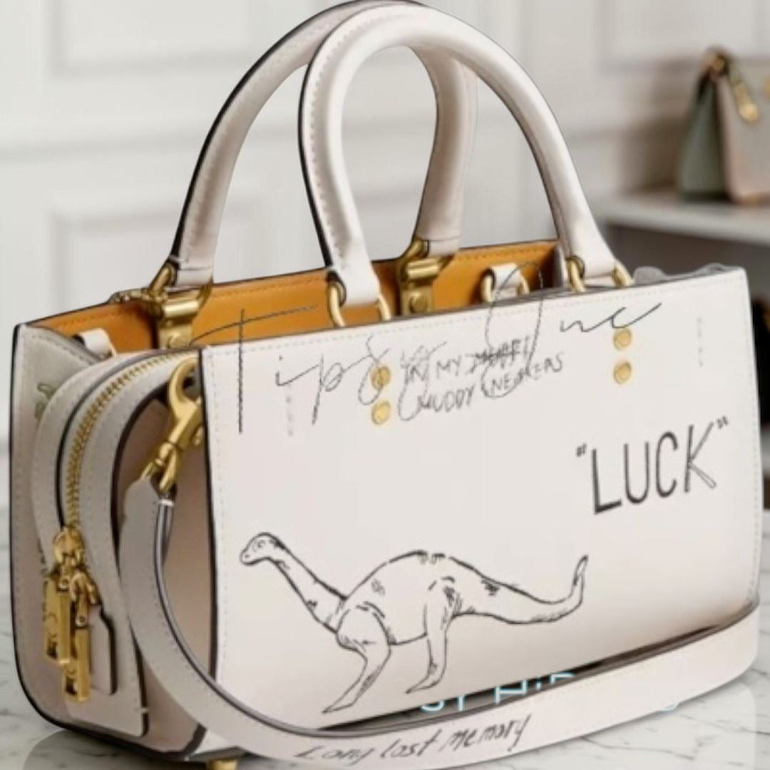NEW!! Coach Rogue 25 Tote Bag With Dinosaur & Lucky Drawings In Chalk White Leather