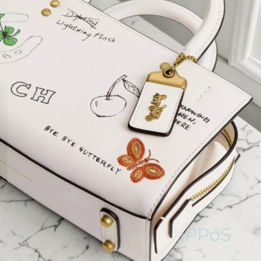 NEW!! Coach Rogue 25 Tote Bag With Dinosaur & Lucky Drawings In Chalk White Leather