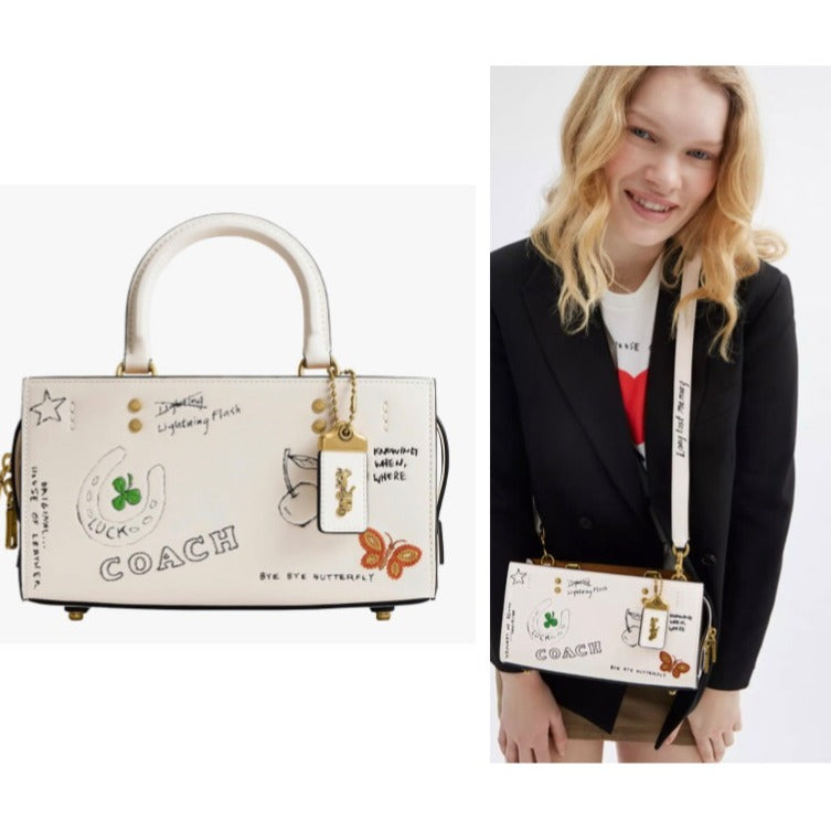 NEW!! Coach Rogue 25 Tote Bag With Dinosaur & Lucky Drawings In Chalk White Leather