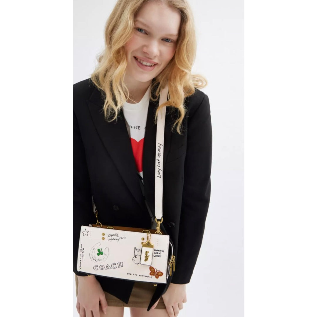 NEW!! Coach Rogue 25 Tote Bag With Dinosaur & Lucky Drawings In Chalk White Leather