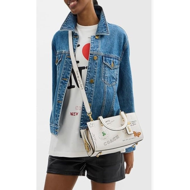 NEW!! Coach Rogue 25 Tote Bag With Dinosaur & Lucky Drawings In Chalk White Leather